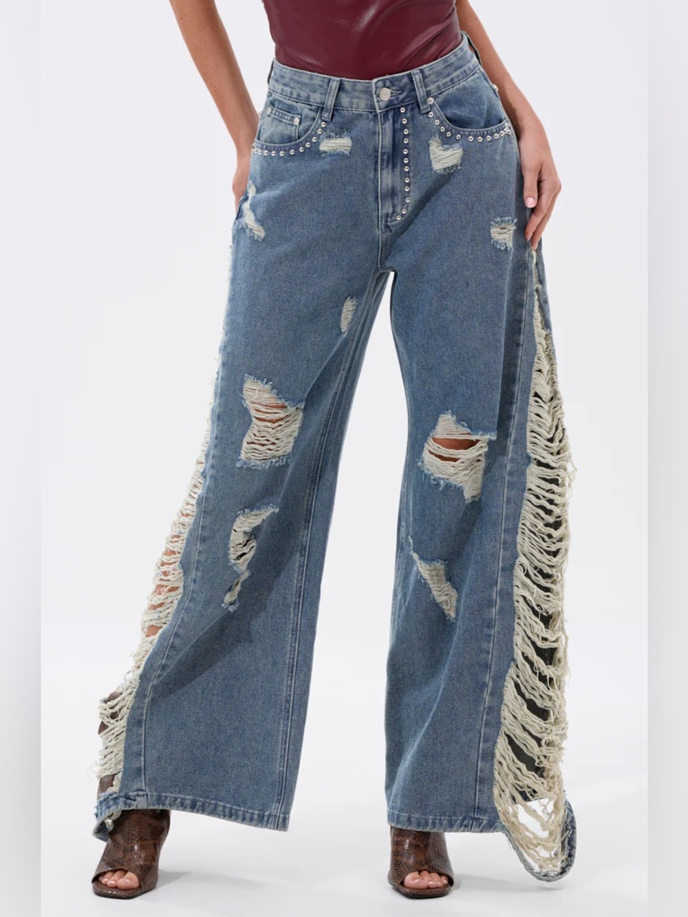 AKIRA Blue Distressed Wide-Leg Jeans with Fringe Side Panels